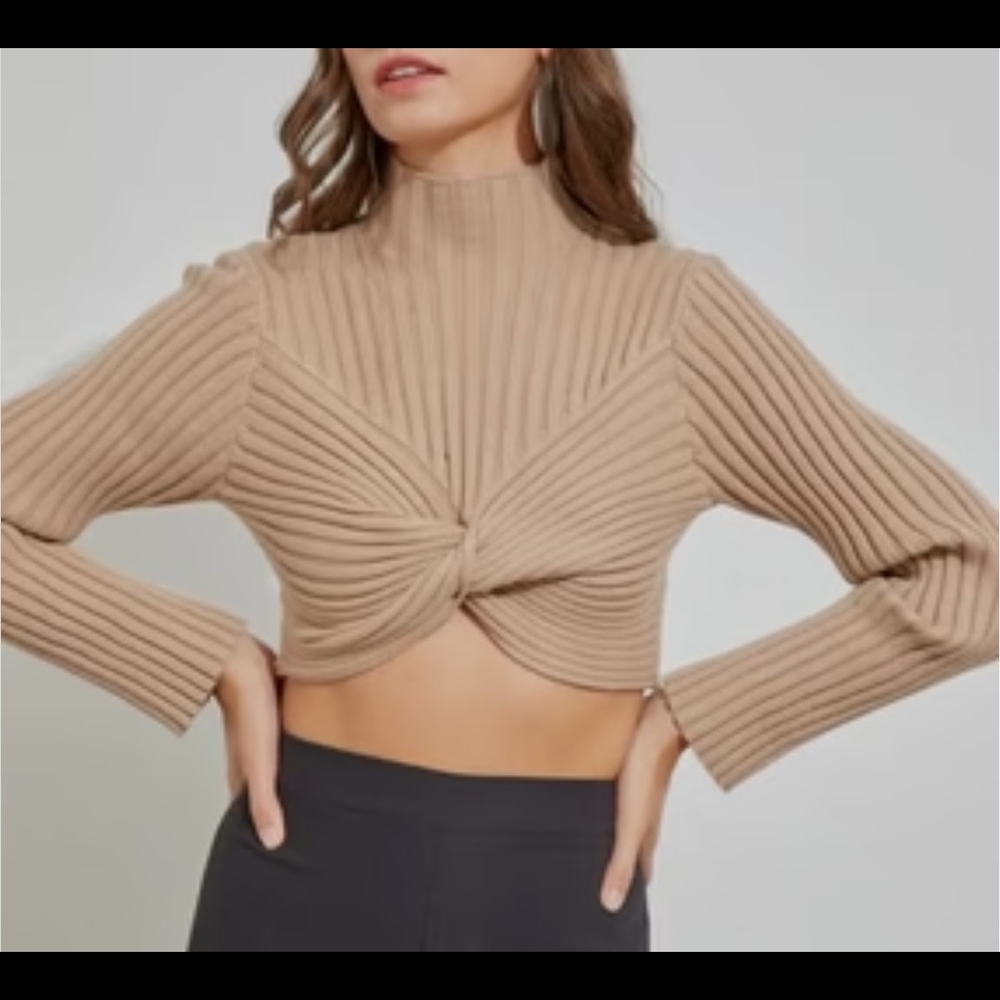Tan Ribbed Knit Cropped Sweater